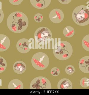 Hedgehogs, mushrooms and strawberries circles pattern on moss green background. Stock Vector