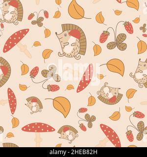 Seamless pattern with hedgehogs, mushrooms and strawberries on light beige background. Stock Vector