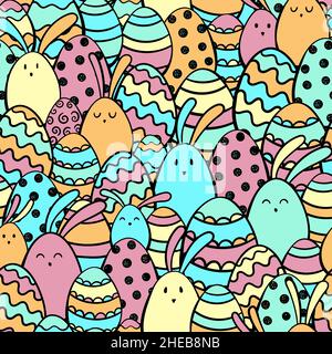 Fun hand drawn Easter seamless pattern, cute bunnies and Easter eggs, great for textiles, banners, wallpapers, wrapping - vector design Stock Vector
