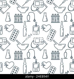 Medical Seamless pattern Vector illustration Cardiogram Tonometer Pressure measurement Pills Ampoule Flask Syringe Heart Stethoscope Blood glucose met Stock Vector