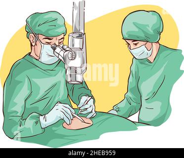 Vector Illustration of operating room. Surgeon team at work in operating room. Stock Vector