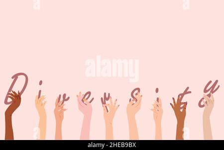 Diverse young people over isolated background. A group of women with a raised hand. Diversity. Multiculturalism. Stock Vector
