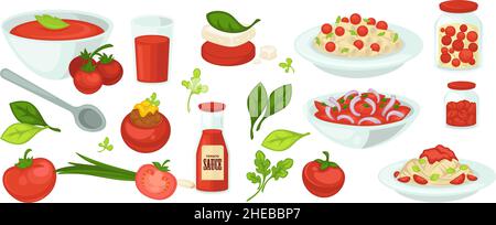 Tomato based food and dishes, soup and salads Stock Vector