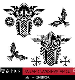 Scandinavian pagan set - God Odin, two ravens and Norse runes. Illustration of Norse mythology Stock Vector