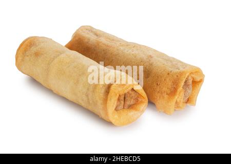 Studio shot of chinese spring rolls cut out against a white background - John Gollop Stock Photo