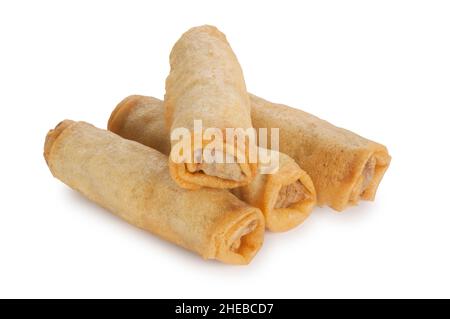 Studio shot of chinese spring rolls cut out against a white background - John Gollop Stock Photo