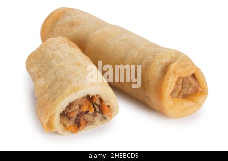 Studio shot of chinese spring rolls cut out against a white background - John Gollop Stock Photo
