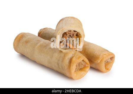 Studio shot of chinese spring rolls cut out against a white background - John Gollop Stock Photo