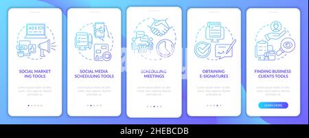 Marketing tools types blue gradient onboarding mobile app screen Stock Vector