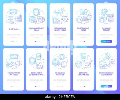 Business management tools blue gradient onboarding mobile app screen set Stock Vector