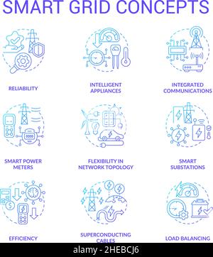 Smart grid blue gradient concept icons set Stock Vector