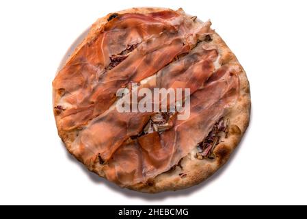 Gourmet pizza with Parma ham, radicchio and cheese, isolated on white, top view, flat lay Stock Photo