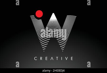 W Letter Logo with Red Dot Circle and Warp Lines Design Vector. Creative W Icon Letter made of white Warped Lines Stock Vector