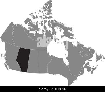 Black flat blank highlighted locator administrative map of the Canadian province of ALBERTA inside gray flat map of CANADA Stock Vector