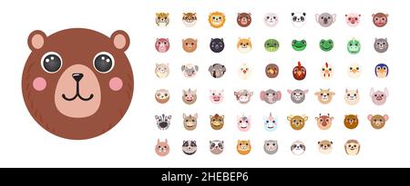 Round Animals Set Cute portraits cartoon face illustration flat vector bear, tiger, bunny, dog, cat, donkey, frog, chicken, cow, hen sheep isolated on white background for UI, app, mobile, kids poster Stock Vector