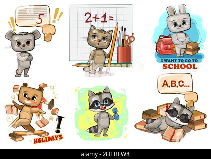 Set of cartoon animals. School scenes with pets. Beautiful baby kids. Cute little funny characters. Isolated on white background. mouse, raccoon, bear Stock Vector