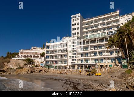 Hotel Balcón de Europa, Playa el Salon sandy beach, Nerja, Andalusia, Spain Stock Photo