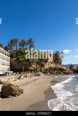 Hotel Balcón de Europa, Playa el Salon sandy beach, Nerja, Andalusia, Spain Stock Photo