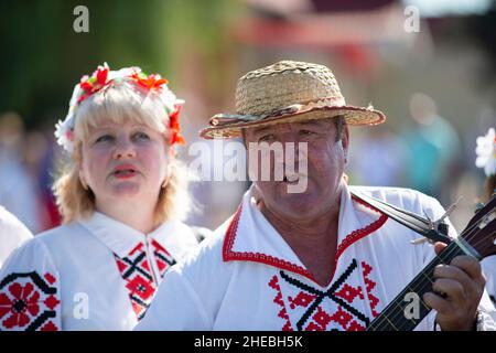 July 31, 2021. Belarus, Avtyuki village. Ethnic holiday.Slavic man