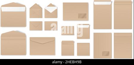 Realistic craft envelope with letters, open and closed envelopes mockups. Paper mail holder in different sizes, letter packaging vector set. Objects for correspondence and business documents Stock Vector