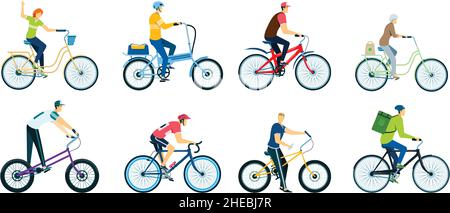 People cycling, characters riding bicycles, cyclists on bikes. Men and women biking in park, bicycle riders, delivery man on bike vector set. Female and male people doing healthy activity Stock Vector