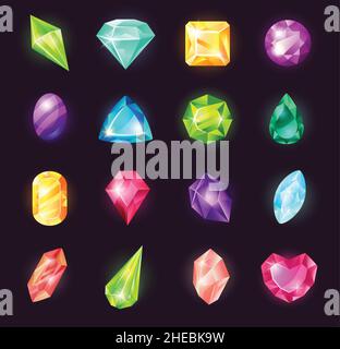 Cartoon gemstones, magic crystals, jewel stone, precious gems. Shiny magical stones for game design, diamond gem, jewelry crystal vector set. Multicolor objects of different shapes for gui game Stock Vector