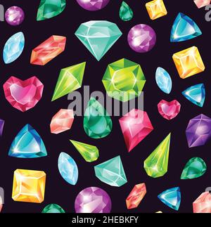 Cartoon magic crystals and precious gemstones seamless pattern. Colorful jewelry crystal, diamond gems, shiny jewel stones vector background. Fantasy shiny jewelry texture or textile Stock Vector