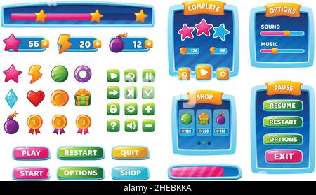 Game Ui Level Complete Menu With Golden Stars And Buttons Health Bar Arrows And Play Button For Mobile Games Interface Vector Illustration Set Stock Vector Image Art Alamy