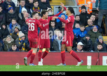 Liverpool's Roberto Firmino celebrates scoring his sides third goalPicture by Steve Flynn/AHPIX.com, Football: Emirates FA Cup 3rd Round match Liverpo Stock Photo