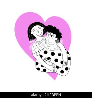Couple in love on pink heart background Stock Vector