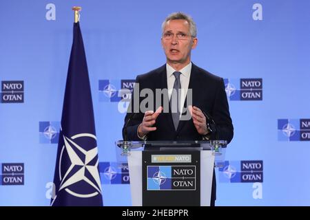 Brussels, Belgium. 10th Jan, 2022. NATO Secretary General Jens Stoltenberg speaks while attending a joint press point with Deputy Prime Minister for European and Euro-Atlantic Integration of Ukraine Olha Stefanishyna at NATO Headquarters before the meeting of the NATO-Ukraine Commission, Brussels, Belgium, Jan. 10, 2022. Credit: Zheng Huansong/Xinhua/Alamy Live News Stock Photo