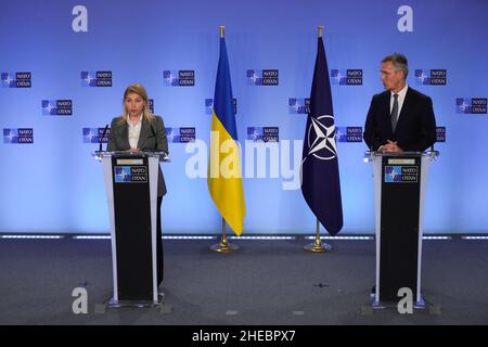 Brussels, Belgium. 10th Jan, 2022. NATO Secretary General Jens Stoltenberg (R) and Deputy Prime Minister for European and Euro-Atlantic Integration of Ukraine Olha Stefanishyna attend a joint press point at NATO Headquarters before the meeting of the NATO-Ukraine Commission, Brussels, Belgium, Jan. 10, 2022. Credit: Zheng Huansong/Xinhua/Alamy Live News Stock Photo