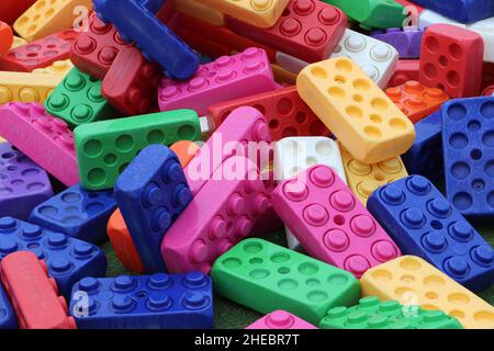 group of colorful plastic toy building blocks Stock Photo