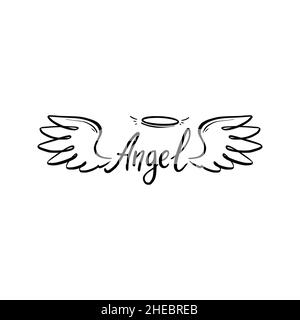 Angel wing with halo and angel lettering text. Hand drawn line sketch style wing. Simple vector illustration. Stock Vector