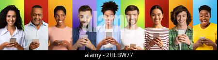 Collection of diverse young men and women using cellphones, browsing web or social networks, colorful backgrounds Stock Photo