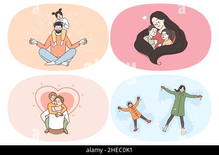 Happy family time and relaxation concept. Set of young happy families with children enjoying time together meditating hugging playing lying on snow vector illustration  Stock Vector