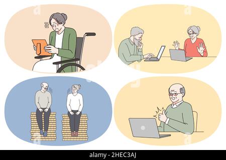 Emotions and lifestyle of grandparents concept. Set of mature people grandparents looking at photo feeling unhappy learning online chat and laptop having trouble in communication vector illustration Stock Vector