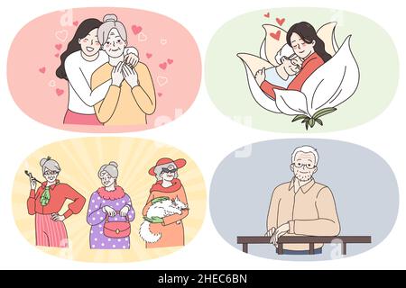 Happy grandparents getting care concept. Set of positive smiling mature people grandparents hugging grandkids feeling support and love wearing fashionable clothes vector illustration Stock Vector