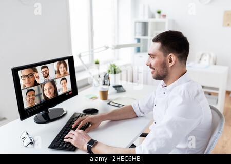 businessman has video call with partners at office Stock Photo