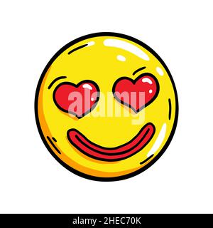 Smiling emoji with heart eyes in comic style. Vector illustration. Valentines Day design element Stock Vector