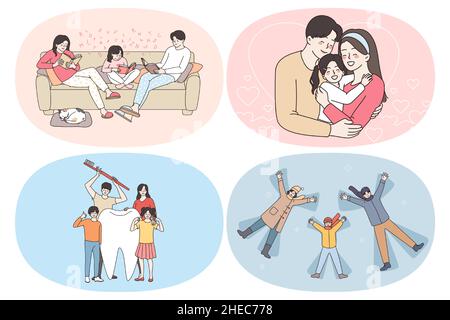Happy family leisure and routine concept. Set of young happy families with children reading together brushing teeth enjoying time together hugging lying on snow and playing vector illustration  Stock Vector