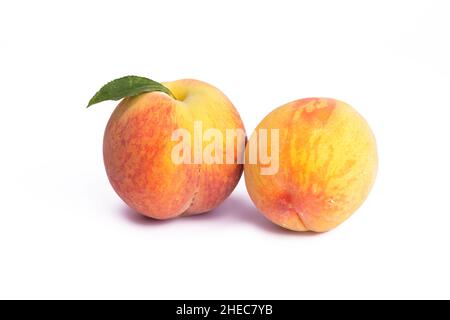 Ripe fresh peaches  fruit isolated on white background. Stock Photo