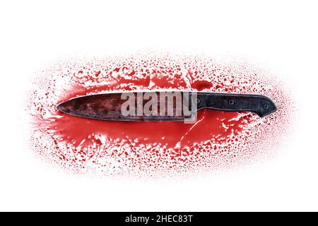 Knife blade in red blood on white background