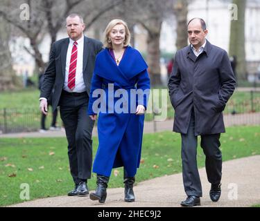 Foreign Secretary Liz Truss walks through St James Park, Central London during lunch time. Stock Photo