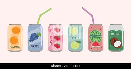 Set of soft drinks in aluminum cans with soda and lemonade, straws. Carbonated non-alcoholic water with fruit and berry flavors. Hand drawn vector ill Stock Vector