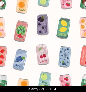 Seamless patterns of soft drinks in aluminum cans with soda and lemonade. Carbonated non-alcoholic water with fruit and berry flavors. Hand drawn vect Stock Vector