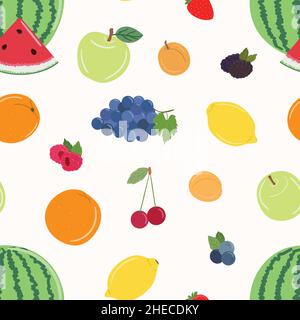 Seamless pattern of fruits and berries. Orange, apple, peach, watermelon, grape and lemon. Blackberry, raspberry, blueberry and cherry. Hand drawn vec Stock Vector