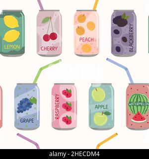 Seamless patterns of soft drinks in aluminum cans with soda and lemonade. Carbonated non-alcoholic water with fruit and berry flavors. Hand drawn vect Stock Vector