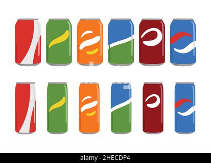 Set of soft drinks in aluminum cans with soda. Carbonated non-alcoholic sweet water with different soda flavors. Hand drawn vector illustration isolat Stock Vector