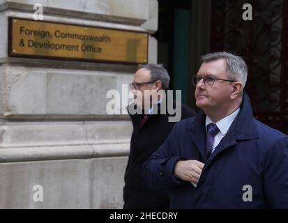 (left to right) Lord Dodds of Duncairn and DUP leader Sir Jeffrey Donaldson arrive at the Foreign Office, central London, for a meeting with Foreign Secretary Liz Truss on the changes to the Northern Ireland Protocol. Picture date: Monday January 10, 2022.
